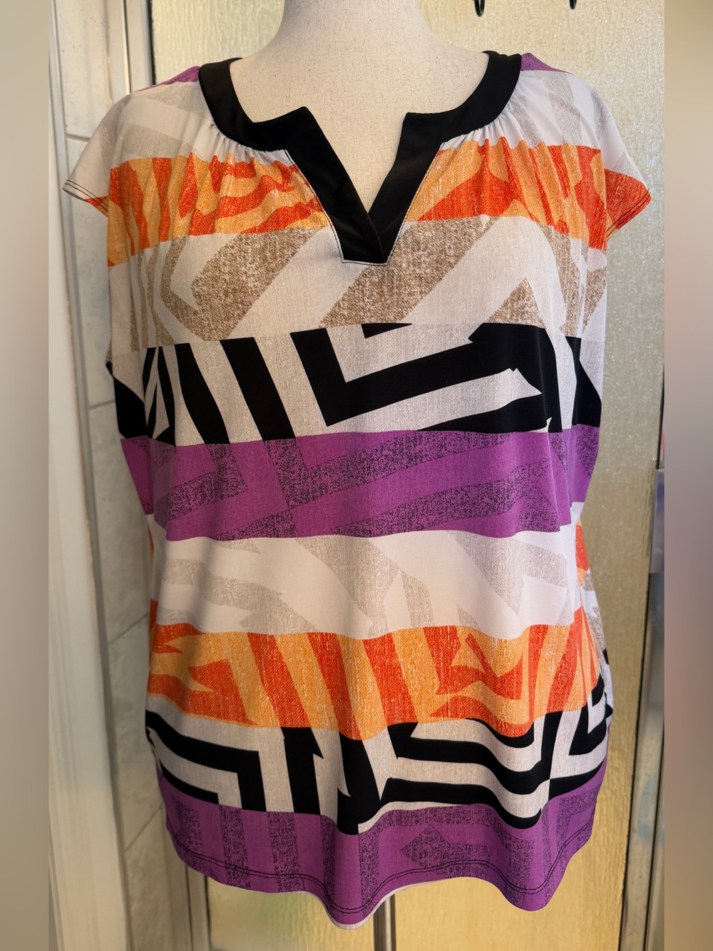 Worthington Short Sleeve Abstract Pattern Blouse Multicolor 2X GUC